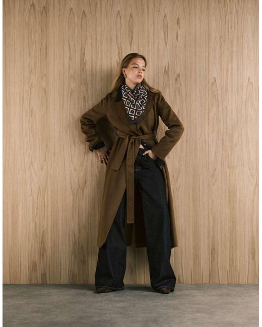 Mango Brown Wool Mix Longline Tie Waist Coat