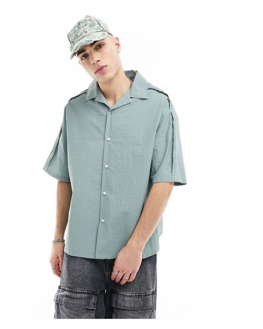 Collusion Blue Techy Short Sleeve Revere Shirt With Raw Seam Detail for men