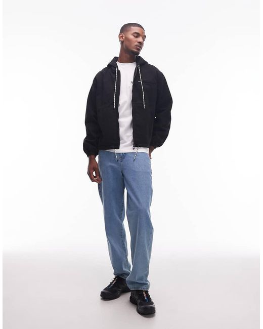 No Problemo Blue Zip Through Hooded Cotton Workwear Jacket for men