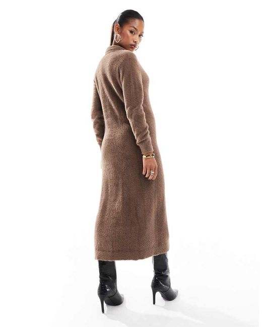 Aria Cove Brown Fluffy Collar Detail Knitted Maxi Cardigan Dress