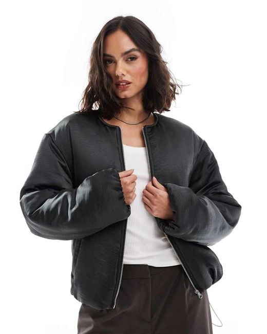 ASOS Black Satin Puffer Collarless Bomber Jacket