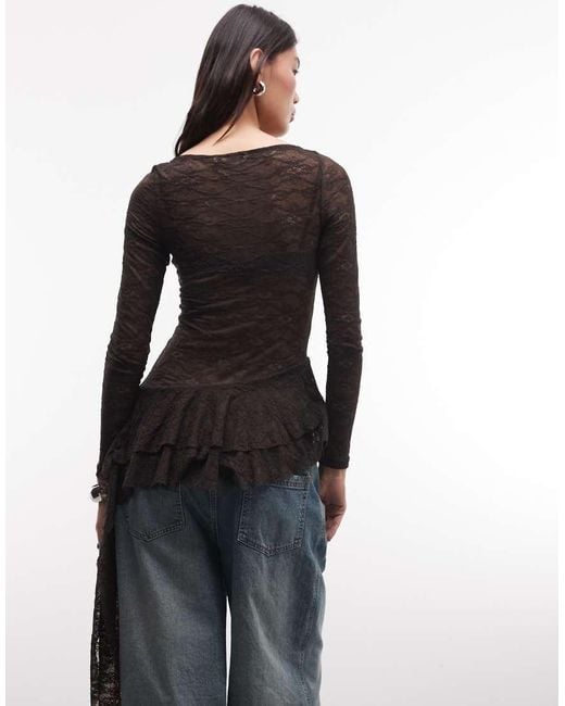 Monki Brown Lace Long Sleeve Asymmetric Ruffle Top