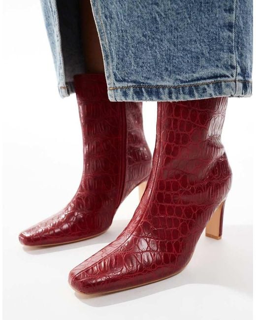 Public Desire Red Polaris Square Toe Heeled Ankle Boots