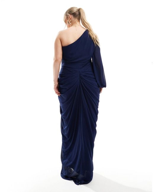 Tfnc Plus Blue Bridesmaid Chiffon Drape One Shoulder Maxi Dress