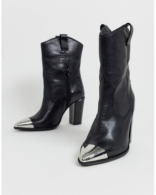 Bronx Black Leather Western Boots With Metal Toe Cap