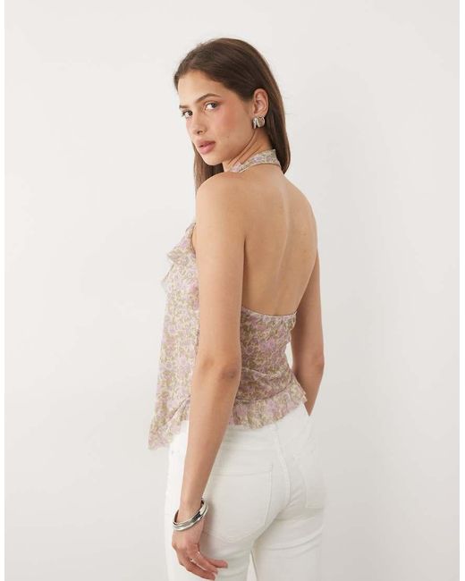 Miss Selfridge Natural Tie Front Ruffle Halter Neck Top