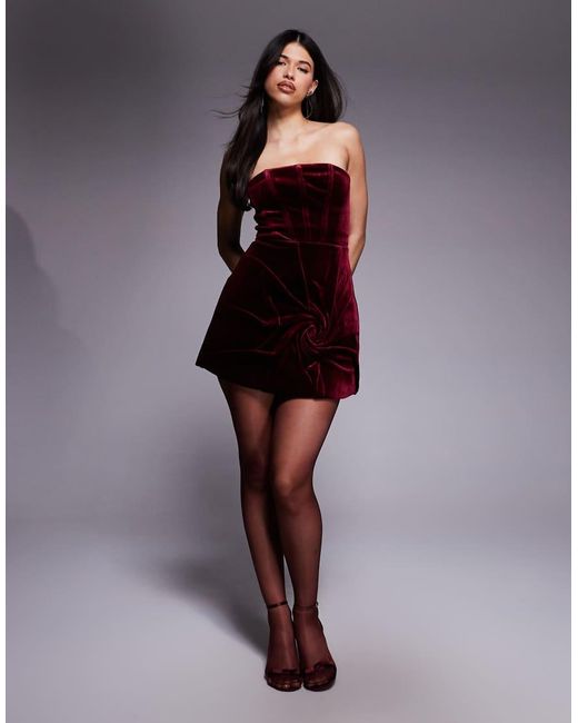 ASOS Black Premium Velvet Bandeau Corseted Mini Dress With Ruched Flower Illusion