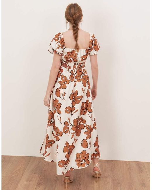 Lovedrobe Natural Floral Short Sleeve Sweetheart Neck Midaxi Dress