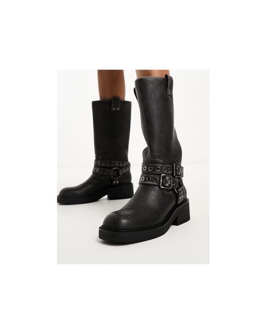 Bershka Black Buckle Detail Calf Length Boots