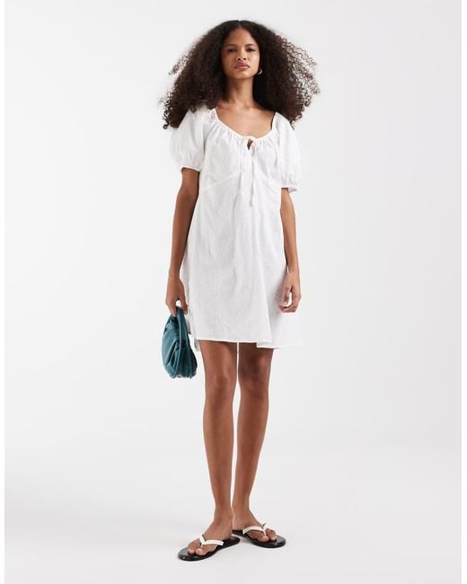 Vero Moda White Cotton Broderie Puff Sleeve Milkmaid Mini Dress