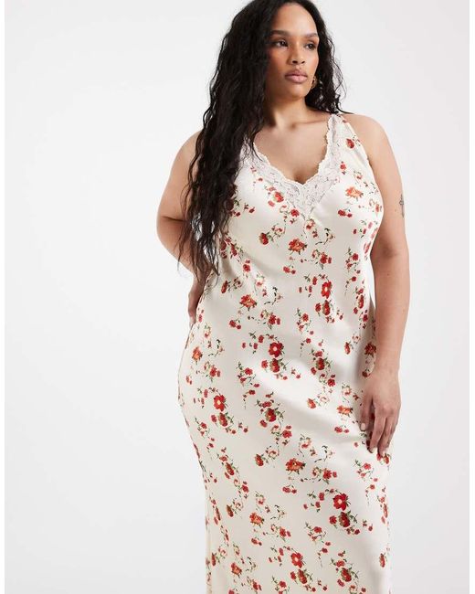 ASOS White Asos Design Curve V Neck Lace Matt Satin Maxi Dress