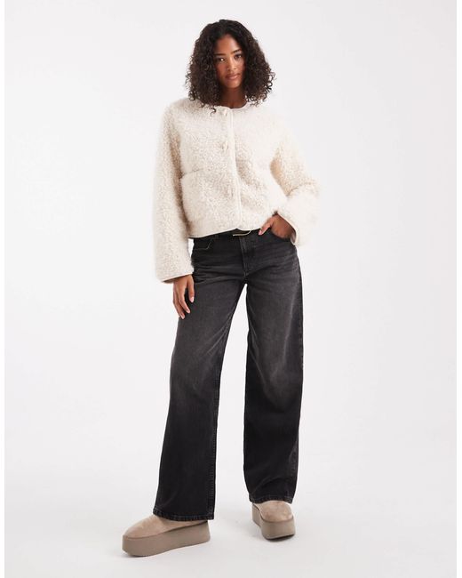Object White Premium Fluffy Borg Duffle Style Cropped Jacket