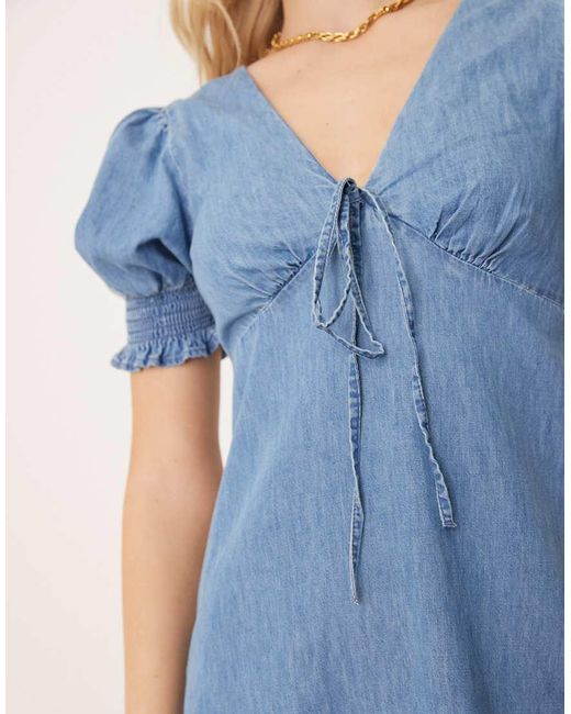 ASOS Blue Soft Denim Puff Sleeve Mini Dress With Frill Detail