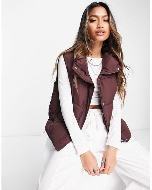 French Connection High Neck Padded Gilet in Brown | Lyst