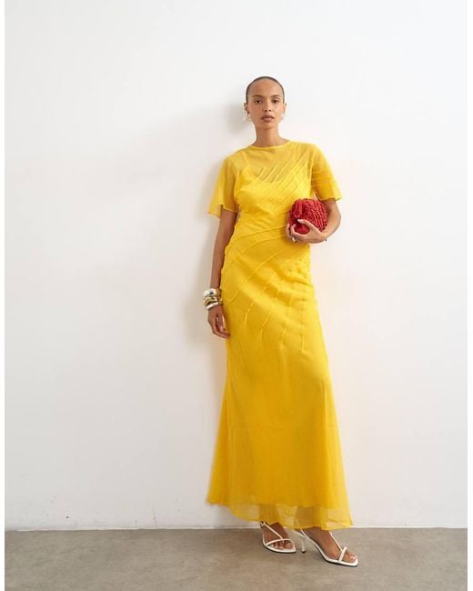 TOPSHOP Yellow Sheer Chiffon Maxi Dress With Pintuck Details