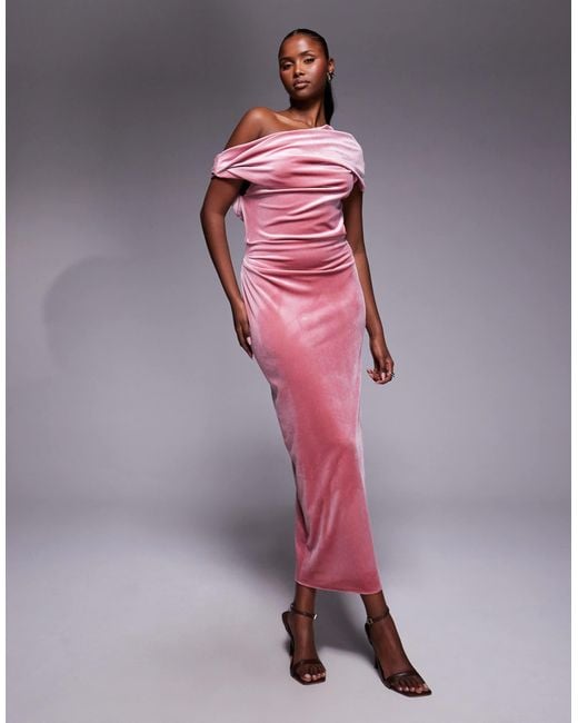 ASOS Women's Pink Velvet Midi Dress With Fallen Shoulder - coffeafoods.com