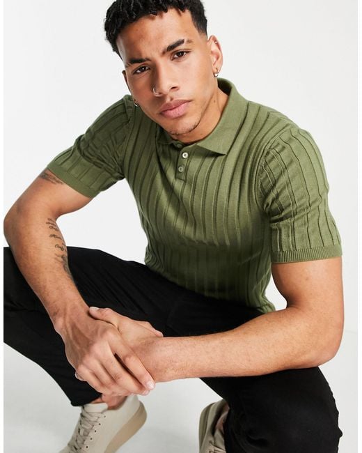 ASOS Green Knitted Ribbed Polo Neck T-shirt Khaki for men