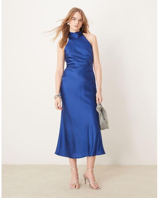 OMNES Blue Seychelles Back Detail Satin Midi Dress
