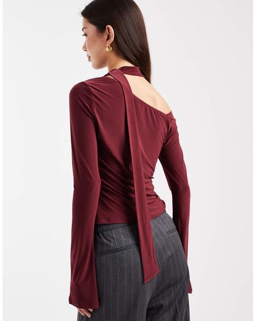 ASOS Red Slinky Scarf Neck Off Shoulder Top With Flare Sleeves