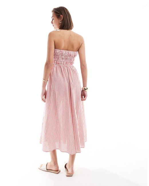 ASOS Pink Midi Linen Bandeau Sundress With Ruched Bust Detail