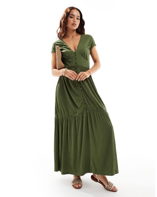 ASOS Green V Neck With Cap Sleeves With Lace Inserts Maxi Dress