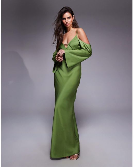 ASOS Satin Long Sleeve Fallen Shoulder Cami Midi Dress in Green | Lyst