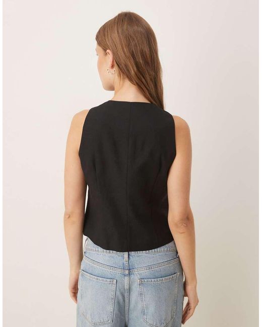 Mango Black Linen Blend Round Neck Wasitcoat With Knot Front Detail Fastening