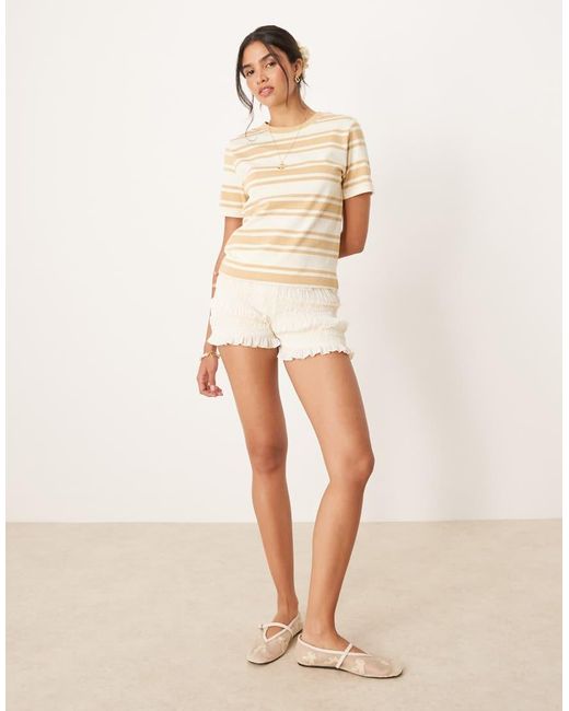 T-Shirt Color Crema E Bianca A Righe A Coste di Mango in Natural