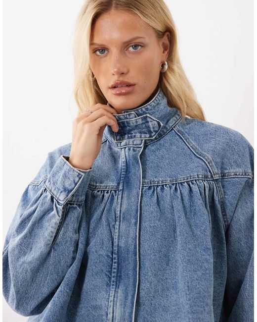 ASOS Blue Denim Funnel Neck Jacket With Bubble Hem Detail