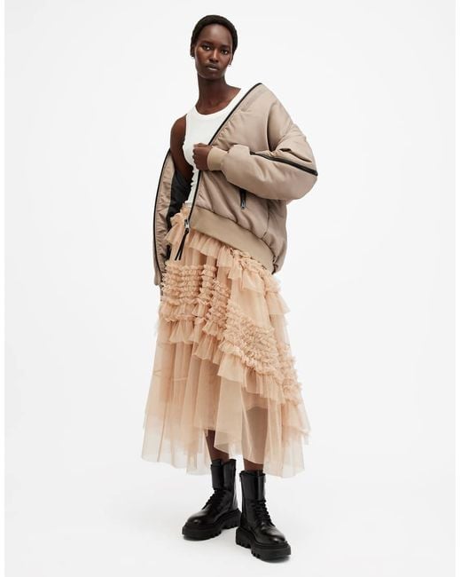 AllSaints Natural Jen Tulle Asymmetric Maxi Skirt,, Blush