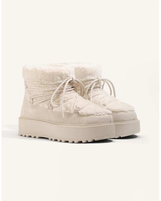 Oysho Natural Faux-fur And Split-leather Lace-up Boots