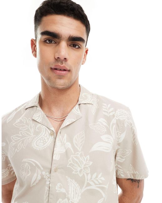 Hollister White Short Sleeve Revere Collar Floral Print Poplin Shirt Boxy Fit for men