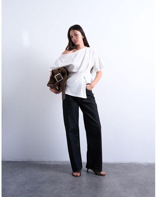 TOPSHOP White Off Shoulder Asymmetric Top With Cinch Detail