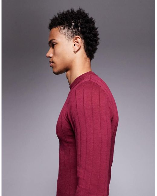 ASOS Red Muscle Fit Long Sleeve Knit Ribbed T-shirt for men