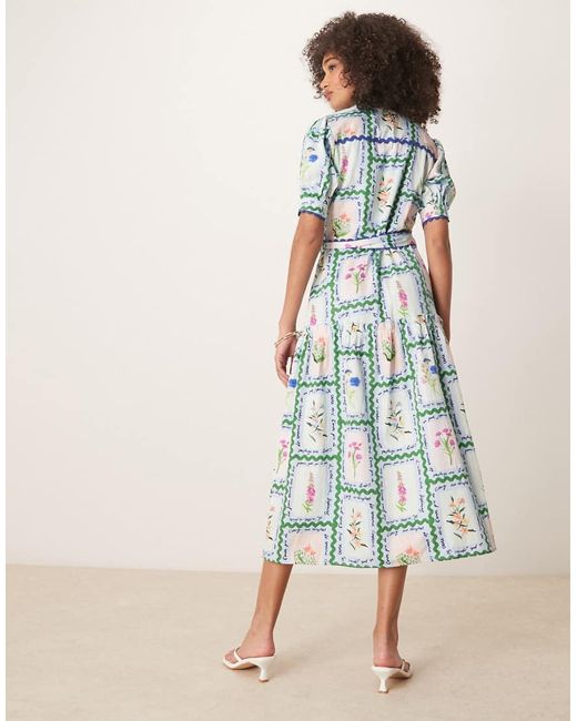 Hope & Ivy Blue Button Front Midi Dress With Tiered Skirt And Tie Waist