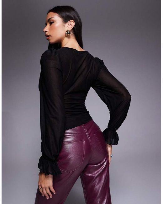 ASOS Gray Semi Sheer Long Sleeve V-neck Top