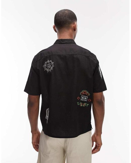 AllSaints Black Karlton Short Sleeve Linen Blend Embroidered Shirt for men
