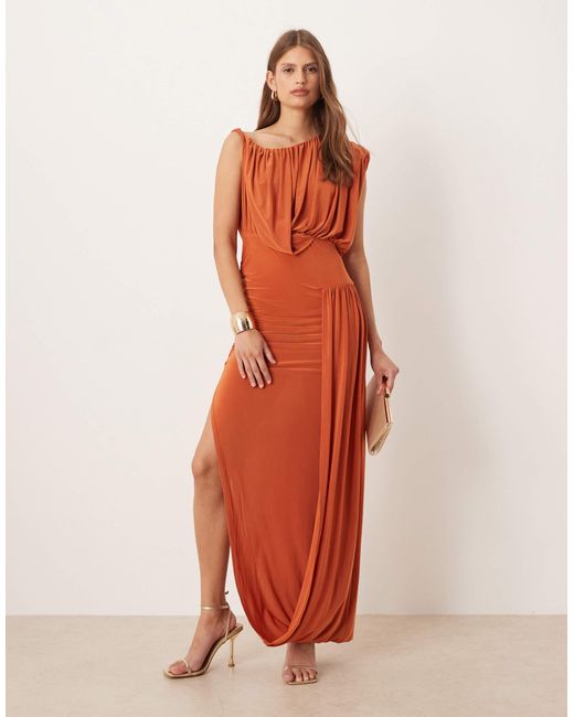 ASOS Orange Slinky Midi Dress With Drape Detail