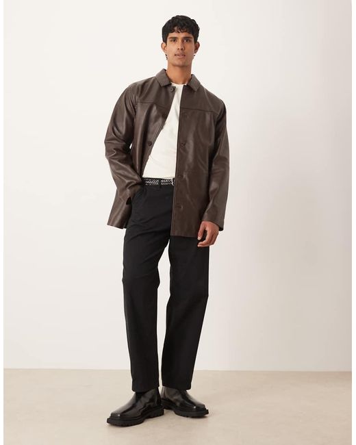 ASOS Brown Mid Length Leather Shacket for men
