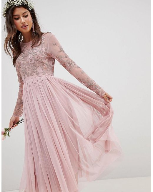 ASOS Pink Embroidered Mesh Long Sleeve Midi Dress