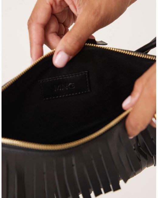 Mango Natural Leather Fringed Hand Bag With Gold Accents