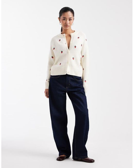Threadbare Natural Contrast Stitch Cardigan With All Over Strawberry Embroidery