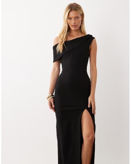 Vesper White Bengaline Drape Off Shoulder Maxi Dress