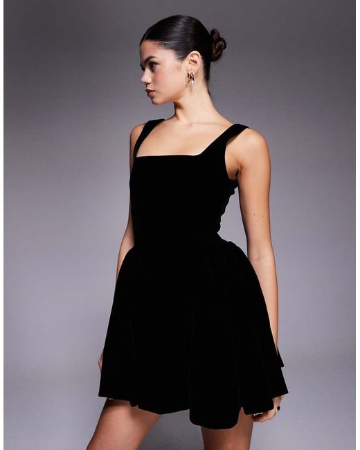 Wanderdoll Black Lucky Velvet Square Neck Hip Detail Mini Dress
