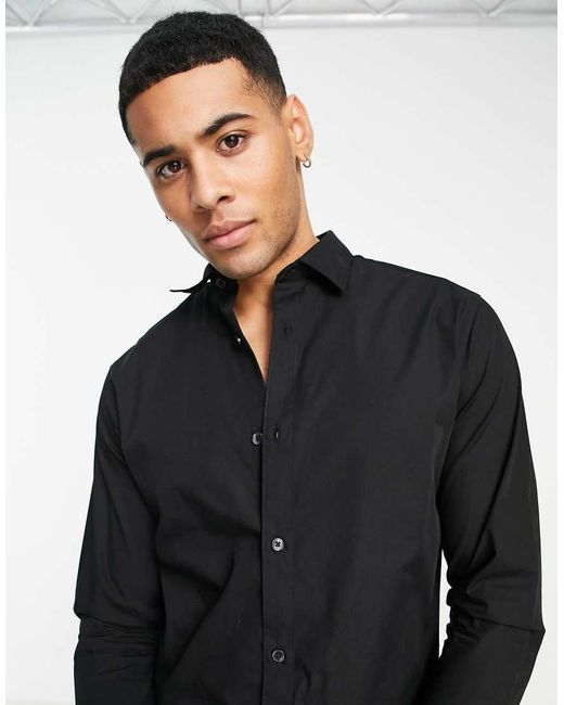 Jack & Jones Black Originals Long Sleeve Stretch Cotton Shirt for men