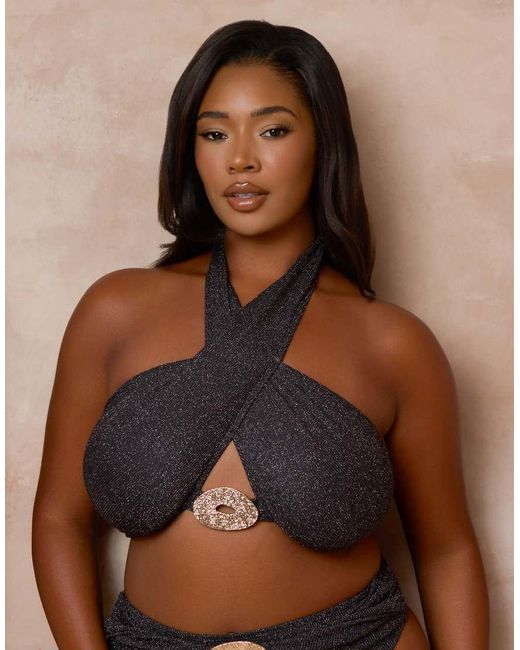 Moda Minx Curve Brown X Alessa Tyrrell-charles Glitter Wrap Bikini Top With Hardware Detail