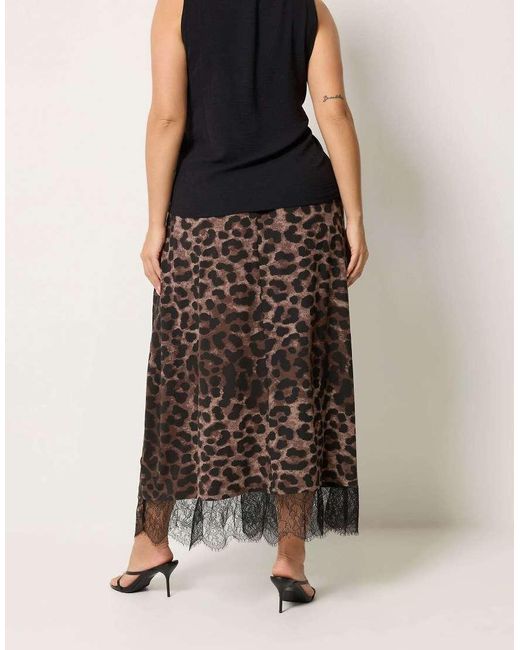 Yours Clothing Brown Leopard Lace Trim Skirt