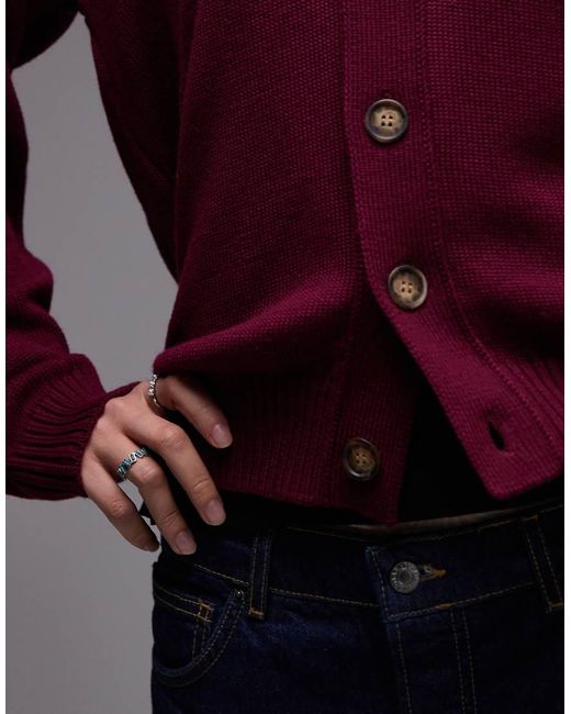 CAT WWR Red Merino Wool Blend Loose Fit Knit Cardigan With Back Logo