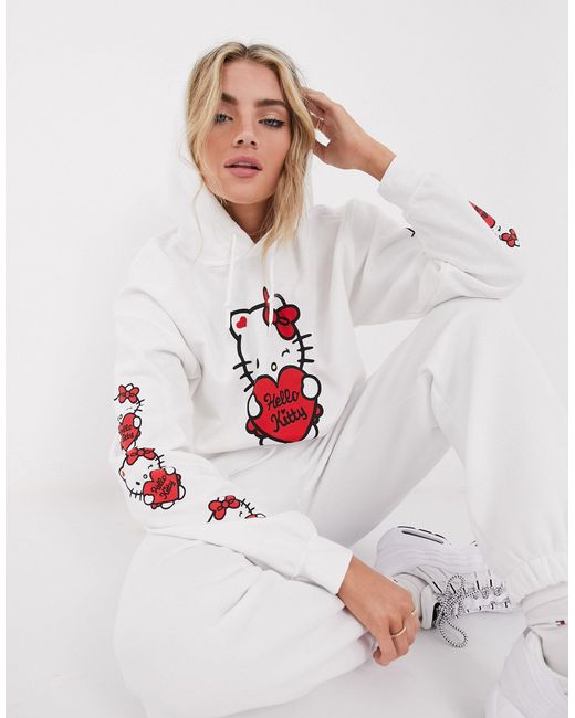 New Girl Order White X Hello Kitty Oversized Hoodie With Sleeve And Chest Graphic
