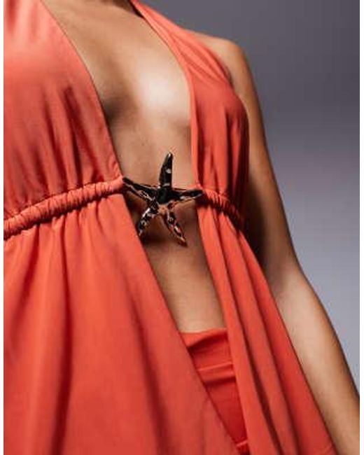 Fashionkilla Red Double Sculpted Slinky Starfish Metal Trim Halterneck Peplum Top Co-ord